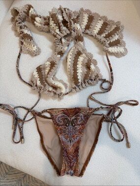 Crocheted Beige & Cream Triangle Bikini Top with Paisley Tie-Side Bottoms